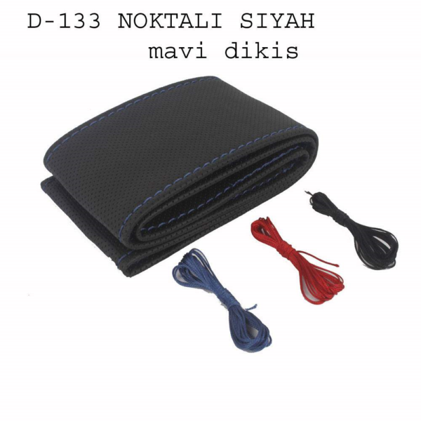 DİREKSİYON KILIFI DİKMELİ NOKTALI SİYAH MAVİ DİKİŞ