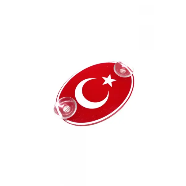 Türkiye Bayraklı Kırmızı Oval Vantuzlu Pleksi Cam Süsü Beyaz 