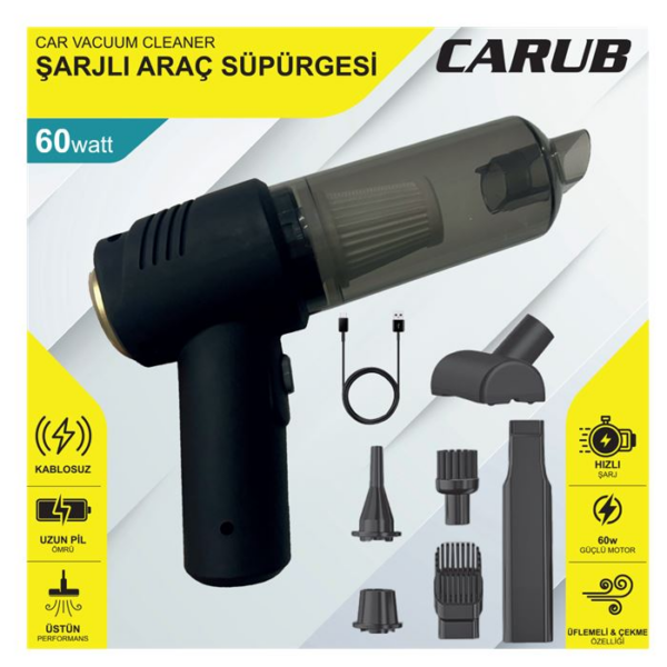 ARAÇ SÜPÜRGESİ 12V 60W ŞARJLI KABLOSUZ LÜX